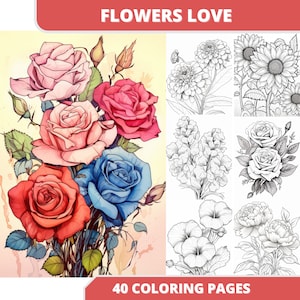 40 Flowers Coloring Page, Adults, kids, Printable PDF, Instant Download, Grayscale Coloring Page, flower art