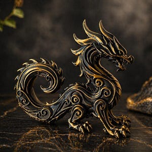 May include: A detailed, black and gold dragon figurine. The sculpture features intricate details, including scales, horns, and a curled tail. The dragon is posed on a dark, textured surface, with a blurred background.
