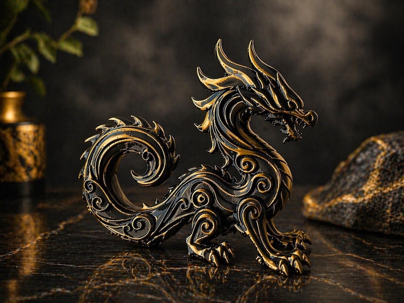 May include: A detailed, black and gold dragon figurine. The sculpture features intricate details, including scales, horns, and a curled tail. The dragon is posed on a dark, textured surface, with a blurred background.