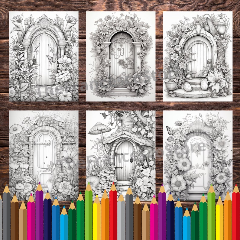 50 Flowering Fairy Doors Grayscale Coloring Pages (printable PDF) - Etsy