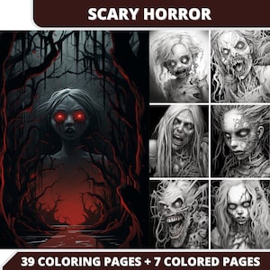 39 pages à colorier effrayantes + 7 images en couleur + couverture en prime, PDF imprimable, pages à colorier en niveaux de gris, livre de coloriage numérique