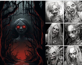 Puede incluir: Un conjunto de 39 páginas para colorear y 7 páginas coloreadas con ilustraciones de terror espeluznantes. Las ilustraciones incluyen una niña con ojos rojos en un bosque oscuro, un zombi con la boca ensangrentada, una mujer con el pelo largo y blanco y la boca ensangrentada, una mujer con el pelo largo y negro y la boca ensangrentada, un monstruo con la boca ensangrentada y una niña con el pelo largo y negro y la boca ensangrentada.