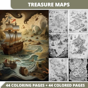 44 cartes au trésor à colorier + 44 images en couleur + couverture en prime, PDF imprimable, pages à colorier en niveaux de gris, livre de coloriage numérique