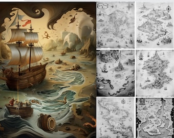 Treasure Maps Coloring Book: 44 Grayscale & Colored Pages (Printable PDF)