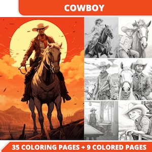 Cowboys ,  35 Coloring Pages + 9 Colored Images + Cover Bonus, Printable PDF, Grayscale Coloring Pages, Digital Coloring Book