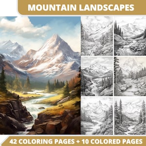42 Mountain Landscapes Coloring Pages + 10 Colored Images + Cover Bonus, Printable PDF, Grayscale Coloring Pages, Digital Coloring Book