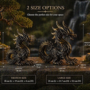 May include: Two dragon statues in a garden setting. The statues are black and gold, with intricate details. The medium dragon is 20 cm long, 19 cm high, and 8 cm wide. The large dragon is 25 cm long, 21.7 cm high, and 9.5 cm wide. Text reads "2 SIZE OPTIONS".