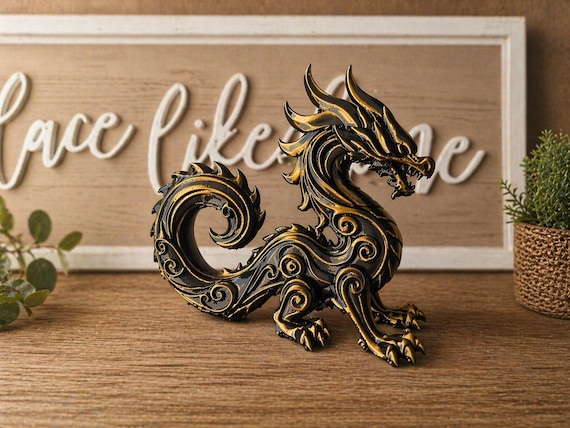 Black Gold Dragon Sculpture, 3D Printed Statue, Gothic Fantasy Decor, Desk Ornament