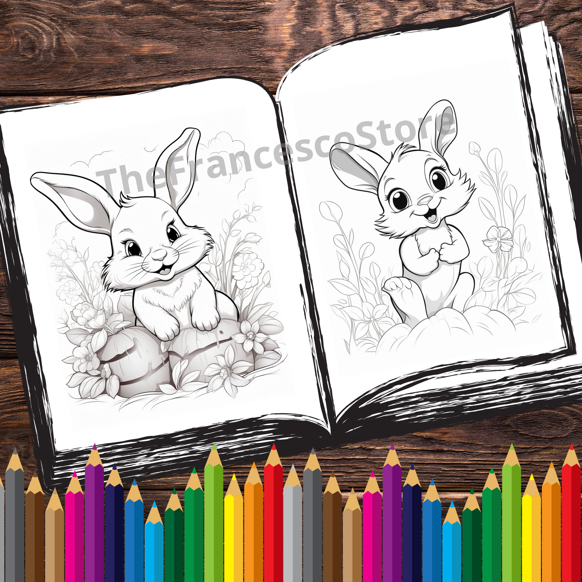 30 Happy Rabbits Coloring Pages 7 Colored Images Cover Bonus, Printable ...