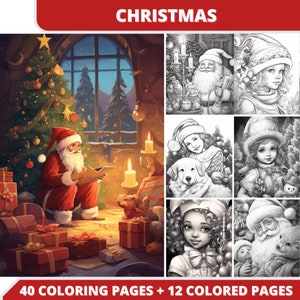 40 Christmas Coloring Pages + 12 Colored Images + Cover Bonus, Printable PDF, Grayscale Coloring Pages, Digital Coloring Book