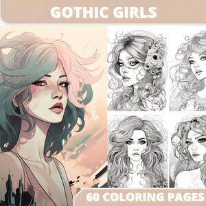 60 Stunning Gothic Beauty Girls Coloring Pages, Adult Coloring Book, Digital Coloring Book, PDF DOWNLOAD