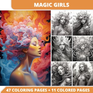 47 Magic Girls Coloring Pages + 11 Colored Images + Cover Bonus, Printable PDF, Grayscale Coloring Pages, Digital Coloring Book