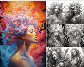 Libro da colorare Magic Girls: 47 pagine in scala di grigi + 11 immagini colorate (PDF stampabile)