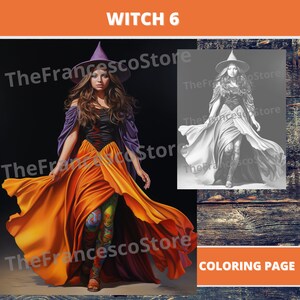 Witch 6 Coloring Page, Colored Page included, Printable PDF, Grayscale Coloring Page, Digital Coloring Page