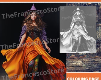 Witch Coloring Page: Grayscale Art, Colored Page (Printable PDF)