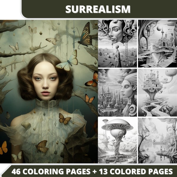 46 Surrealismus Malvorlagen + 13 farbige Bilder + Cover Bonus, druckbare PDF, Graustufen Malvorlagen, Digitales Malbuch