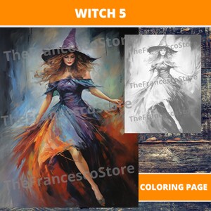 Witch 5 Coloring Page, Colored Page included, Printable PDF, Grayscale Coloring Page, Digital Coloring Page