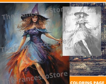 Witch Coloring Page: Grayscale Art, Printable PDF (8.5x11)