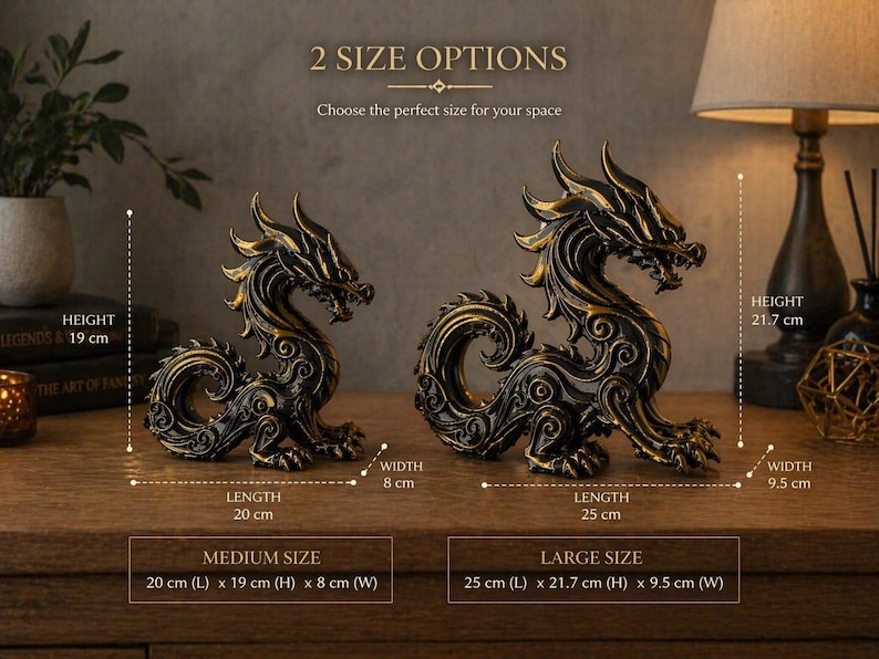 May include: Two dragon sculptures in antique gold and black. The medium dragon is 20 cm long, 19 cm high, and 8 cm wide. The large dragon is 25 cm long, 21.7 cm high, and 9.5 cm wide. The text reads "2 SIZE OPTIONS".
