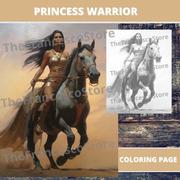 Princess Warrior Coloring Page, Colored Page included, Printable PDF, Grayscale Coloring Page, Digital Coloring Page