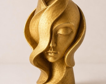 Abstract Female Face Sculpture, Modern Woman Bust Statue, Minimalist Gold Art Figurine