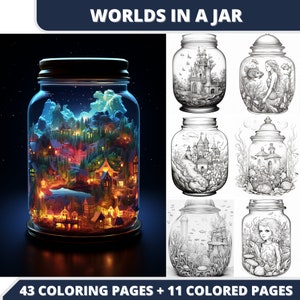 Worlds in a Jar, 43 Coloring Pages + 11 Colored Images + Cover Bonus, Printable PDF, Grayscale Coloring Pages, Digital Coloring Book