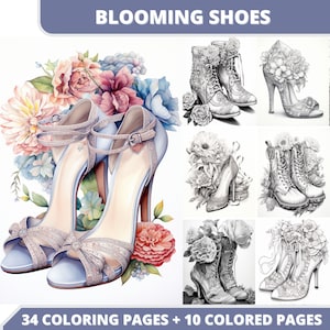34 Blooming Shoes Coloring Pages + 10 Colored Images + Cover Bonus, Printable PDF, Grayscale Coloring Pages, Digital Coloring Book