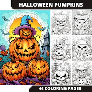 Halloween Coloring Book, Pumpkins Fantasy Halloween Themed, Digital Coloring Page,  Printable PDF Instant Download, Happy Halloween,