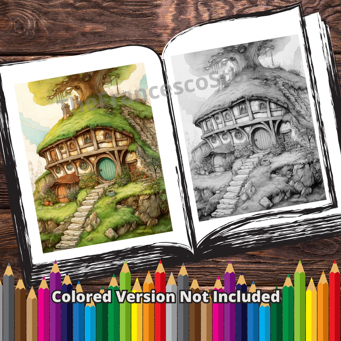 50 Hobbit House Coloring Book, Printable PDF, Hobbit Home Grayscale ...