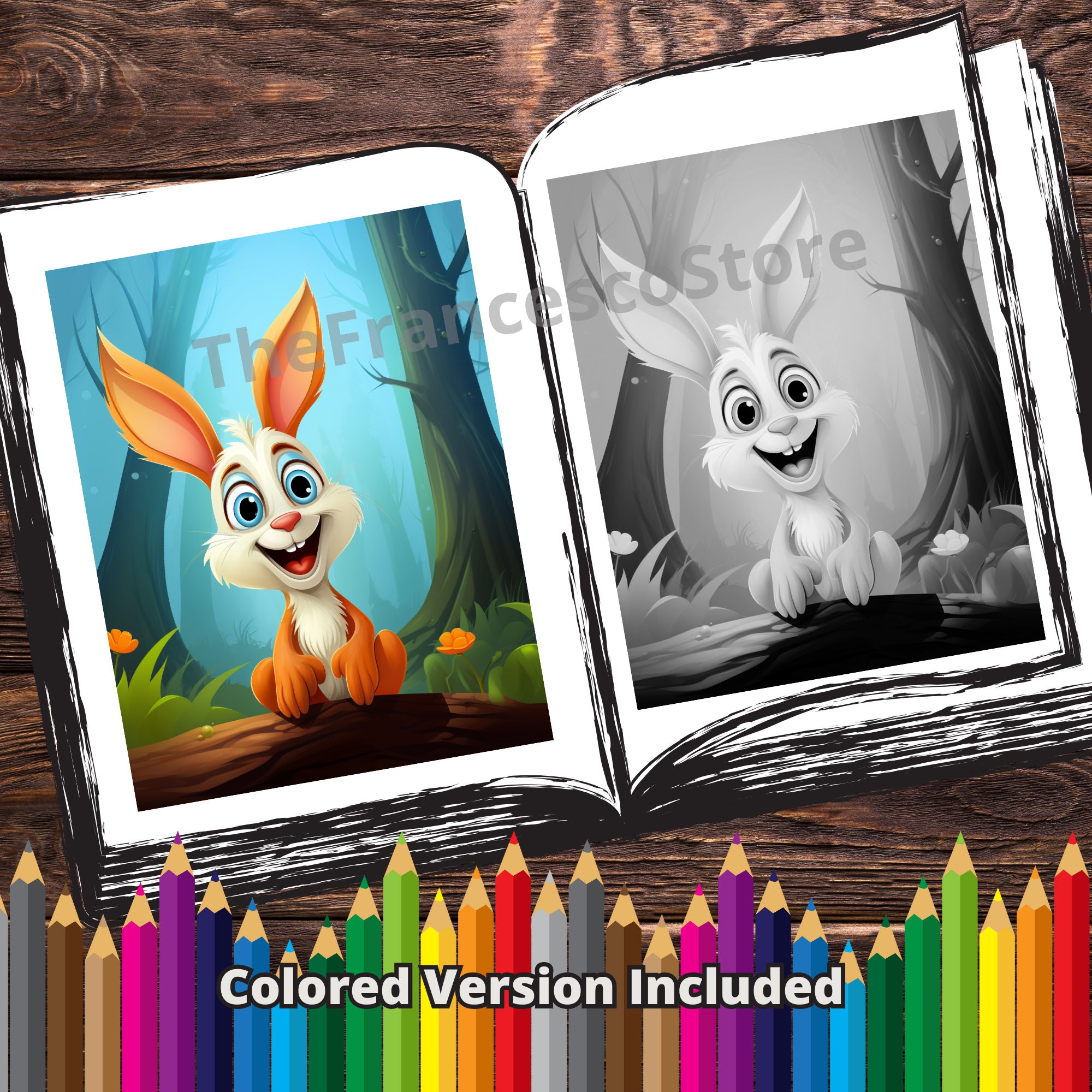 Happy Rabbits Coloring Book: 30 Grayscale Pages + 7 Colored Images ...