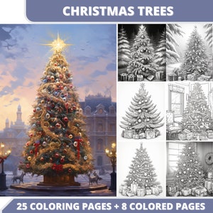 25 Christmas Trees Coloring Pages + 8 Colored Images + Cover Bonus, Printable PDF, Grayscale Coloring Pages, Digital Coloring Book