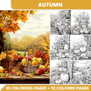 95 pages à colorier d'automne, coloriage automne, coloriage adulte imprimable, téléchargement immédiat, pages à colorier citrouilles, soulagement du stress