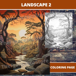 Landscape Coloring Page: Grayscale Printable Art (PDF)