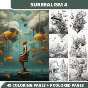 48 Surrealism (4) Coloring Pages + 9 Colored Images + Cover Bonus, Printable PDF, Grayscale Coloring Pages, Digital Coloring Book