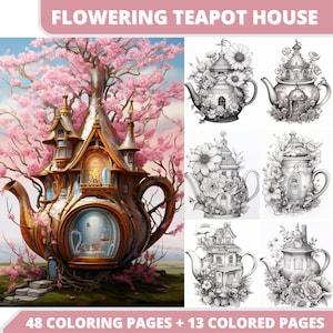 48 Flowering Teapot Fairy House Coloring Book, Printable PDF, House Flowers, Fairy House, Grayscale Coloring Pages, Digital Coloring Book