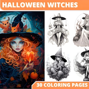 Halloween Coloring Book, Beauty Witches Halloween Themed, Digital Coloring Book,  Printable PDF Instant Download