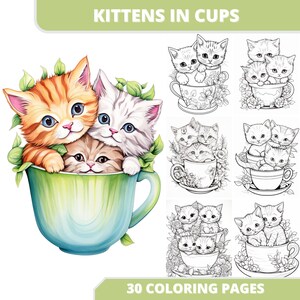 30 kittens in Cups Coloring Page, Adults, kids, Printable PDF, Instant Download, Grayscale Coloring Page, Cat Coloring pages
