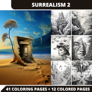 41 Surrealismus (2) Malseiten + 12 farbige Bilder + Cover Bonus, printable PDF, Graustufen-Malvorlagen, digitales Malbuch