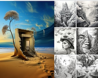 Surrealism Grayscale Coloring Book: 41 Printable Pages (PDF)
