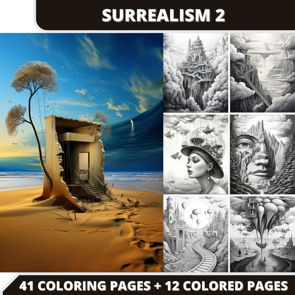 41 Surrealism (2) Coloring Pages  + 12 Colored Images + Cover Bonus, Printable PDF, Grayscale Coloring Pages, Digital Coloring Book