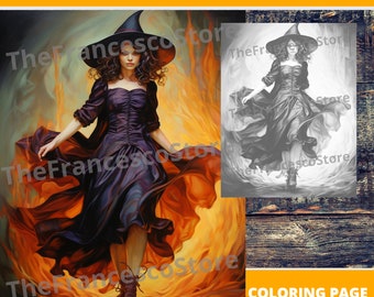 Witch Coloring Page: Grayscale Art, Printable PDF (8.5x11)