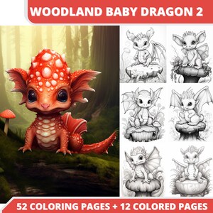 52  Baby Woodland Dragon Coloring Pages + 12 Colored Images + Cover Bonus, Printable PDF, Grayscale Coloring Pages, Digital Coloring Book