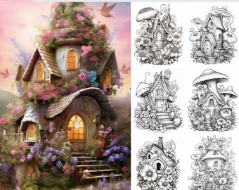 40 blühendes Feenhaus Malbuch, printable PDF, Hausblumen, Feenhaus, Graustufen-Malseiten, digitales Malbuch