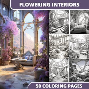 50 Flowering Interiors House Coloring Book, Printable PDF, House Flowers, Beautiful House, Grayscale Coloring Pages, Digital Coloring Book