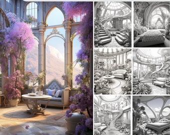 Puede incluir: Un conjunto de 50 páginas para colorear que presentan ilustraciones intrincadas de interiores con flores. Las imágenes representan una variedad de habitaciones con vegetación exuberante, muebles ornamentados y detalles caprichosos. Las páginas para colorear son perfectas para adultos y niños que disfrutan de la expresión creativa y la relajación.