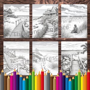 以下が含まれることがあります： 海岸の風景を描いた6枚の白黒塗り絵。各ページには、遊歩道、家、人々など、さまざまなビーチの風景が描かれています。ページは色鉛筆のボーダーで囲まれています。
