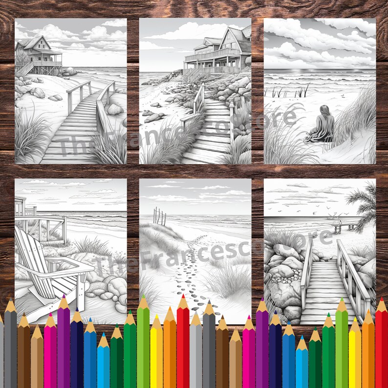 以下が含まれることがあります： 海岸の風景を描いた6枚の白黒塗り絵。各ページには、遊歩道、家、人々など、さまざまなビーチの風景が描かれています。ページは色鉛筆のボーダーで囲まれています。