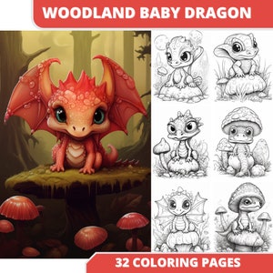 32 Baby Woodland Dragon Fantasy Coloring Pages Book, Gift For Girls , Boys , Teens , Woman and Man, Digital Coloring Book,  PDF DOWNLOAD