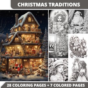28 Christmas Traditions Coloring Pages + 7 Colored Images + Cover Bonus, Printable PDF, Grayscale Coloring Pages, Digital Coloring Book