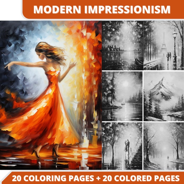 21 Modern Impressionism Coloring Pages + 21 Colored Images + Cover Bonus, Printable PDF,  Grayscale Coloring Pages, Digital Coloring Book